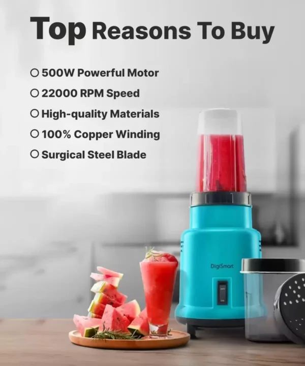 DIGISMART 2 JAR 500 W Juicer Mixer Grinder (Nutri 500 watt Easy Mix mixer grinder long lasting shook proof with | 2 Jars | Black, Green) - Image 3