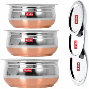 Handi Set Stainless Steel with Copper Bottom Cook and Serve Essential with Lid - biryani pot/Kitchenware/hotelware/dinner set/serving bowl/best cooking bowl set/storeware Induction Bottom Cookware Set (Stainless Steel, 3 - Piece) Cookware Set (Stainless Steel, 6 - Piece)