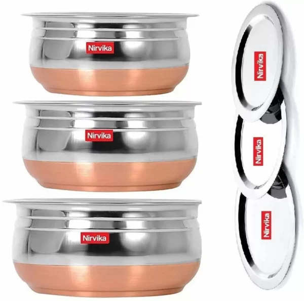 Handi Set Stainless Steel with Copper Bottom Cook and Serve Essential with Lid - biryani pot/Kitchenware/hotelware/dinner set/serving bowl/best cooking bowl set/storeware Induction Bottom Cookware Set (Stainless Steel, 3 - Piece) Cookware Set (Stainless Steel, 6 - Piece)