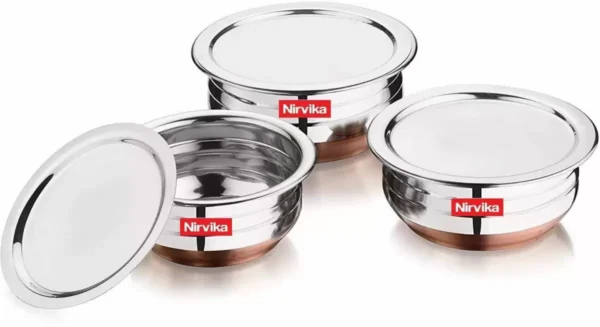 Handi Set Stainless Steel with Copper Bottom Cook and Serve Essential with Lid - biryani pot/Kitchenware/hotelware/dinner set/serving bowl/best cooking bowl set/storeware Induction Bottom Cookware Set (Stainless Steel, 3 - Piece) Cookware Set (Stainless Steel, 6 - Piece) - Image 2