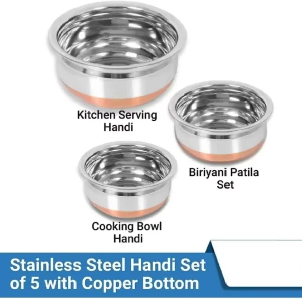 Handi Set Stainless Steel with Copper Bottom Cook and Serve Essential with Lid - biryani pot/Kitchenware/hotelware/dinner set/serving bowl/best cooking bowl set/storeware Induction Bottom Cookware Set (Stainless Steel, 3 - Piece) Cookware Set (Stainless Steel, 6 - Piece) - Image 4